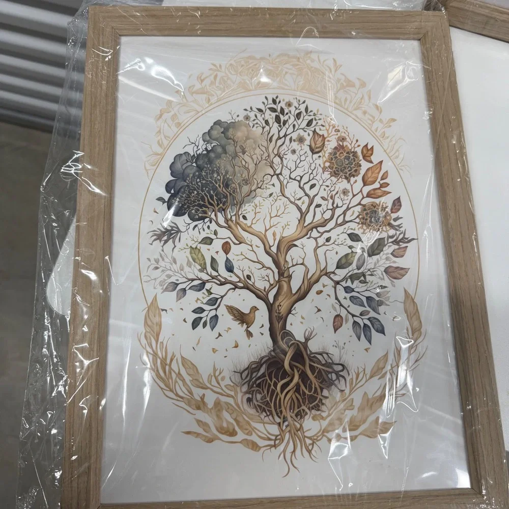 Set 3 Zen Buddha Lotus Tree of Life Framed Canvas Wall Art Gold Beige 12x16